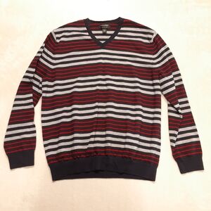 Banana Republic Mens LS Merino Wool Sweater 2XL Navy Red Striped V-Neck